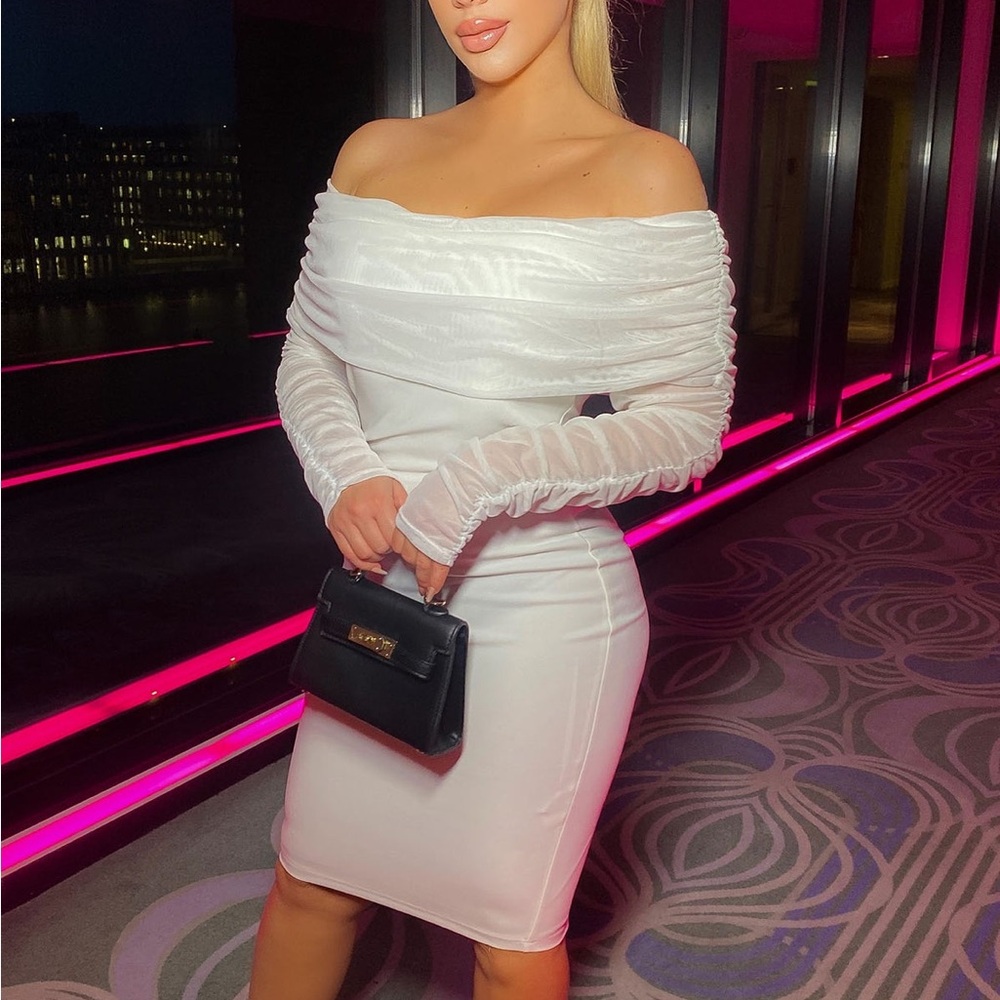 Off-Shoulder White Mesh Midi Dress - Picture 3 of 4